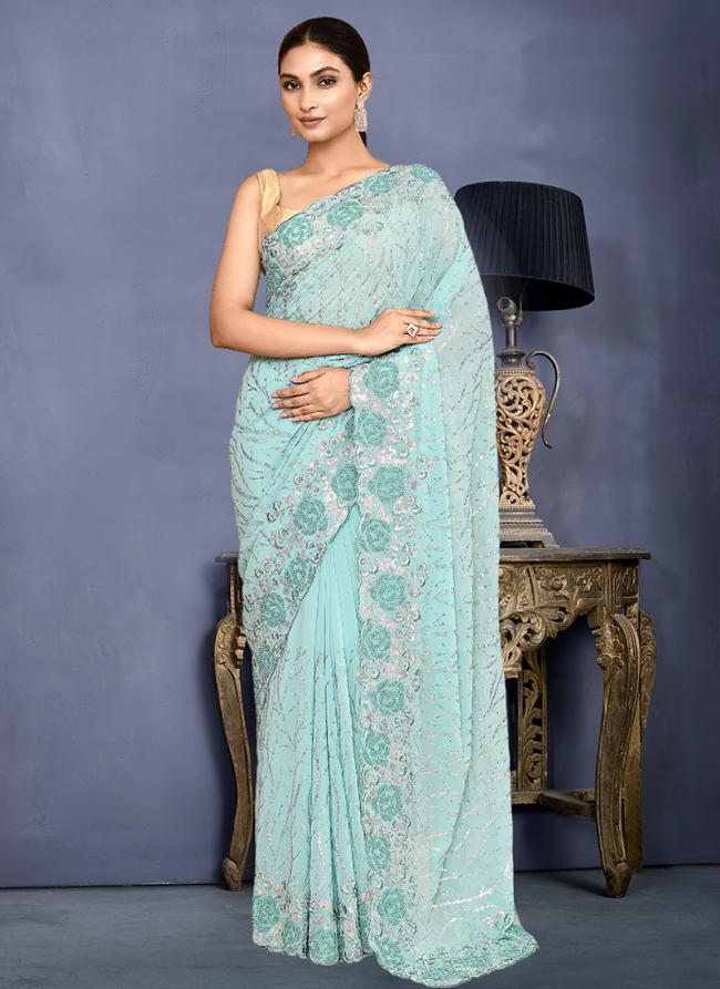 Georgette Blue Wedding Wear Embroidery Work Saree